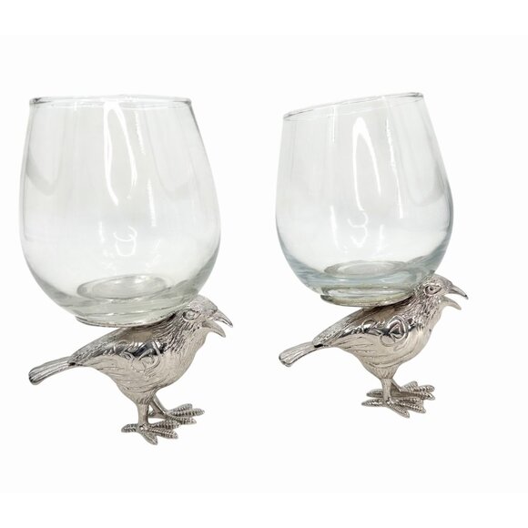NWOT SILVER METAL RAVEN CROW 2 STEMLESS WINE GLASSES EDGAR ALLAN POE HALLOWEEN - Picture 3 of 6